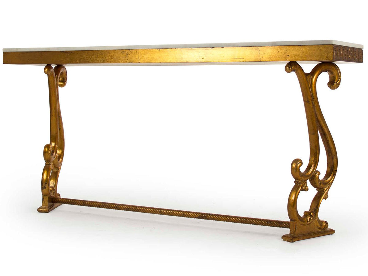 Emeline Rectangular Console Table in Off-White Marble and Gold Leaf