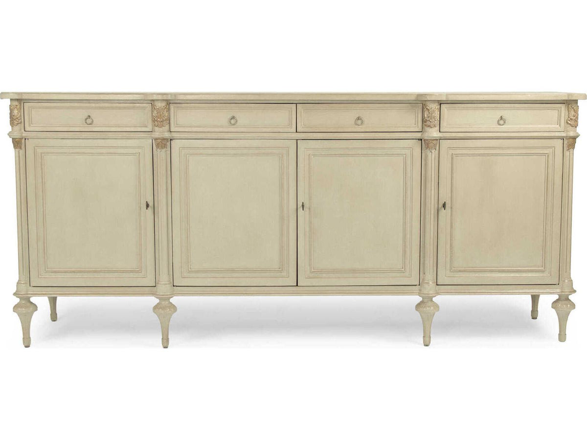 Astor 87 Inch Birch Wood Sideboard with Distressed Cream and Gold Leaf Finish