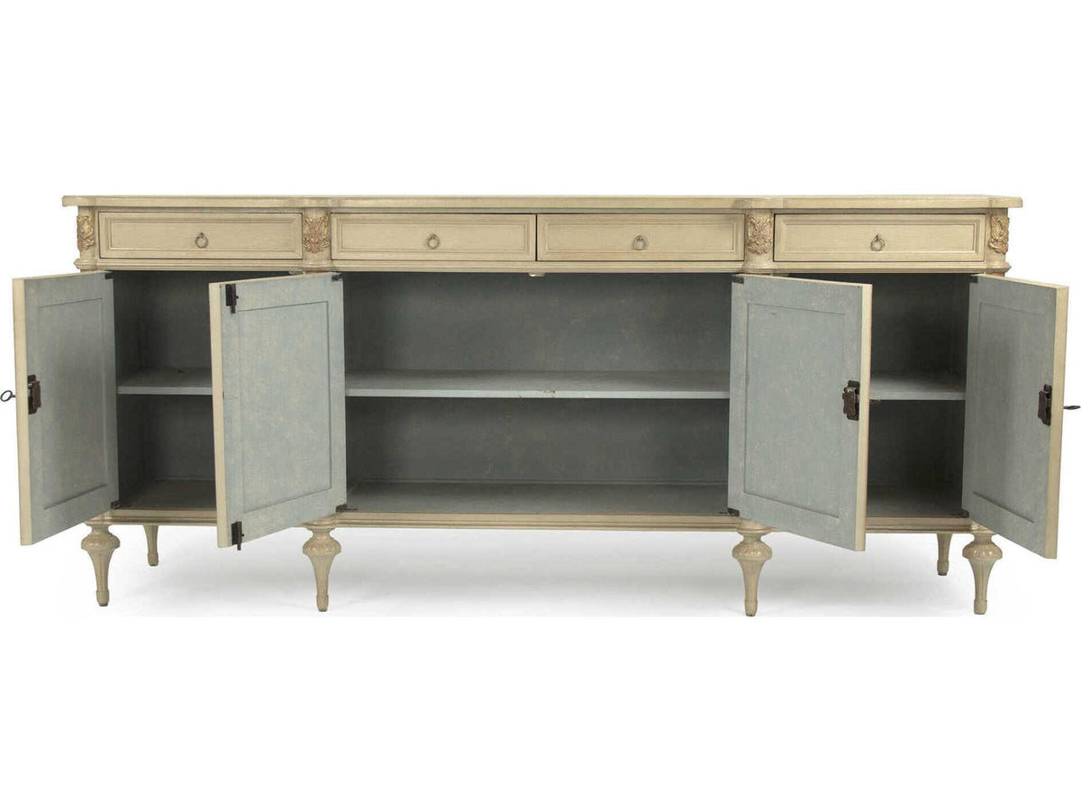 Astor 87 Inch Birch Wood Sideboard with Distressed Cream and Gold Leaf Finish