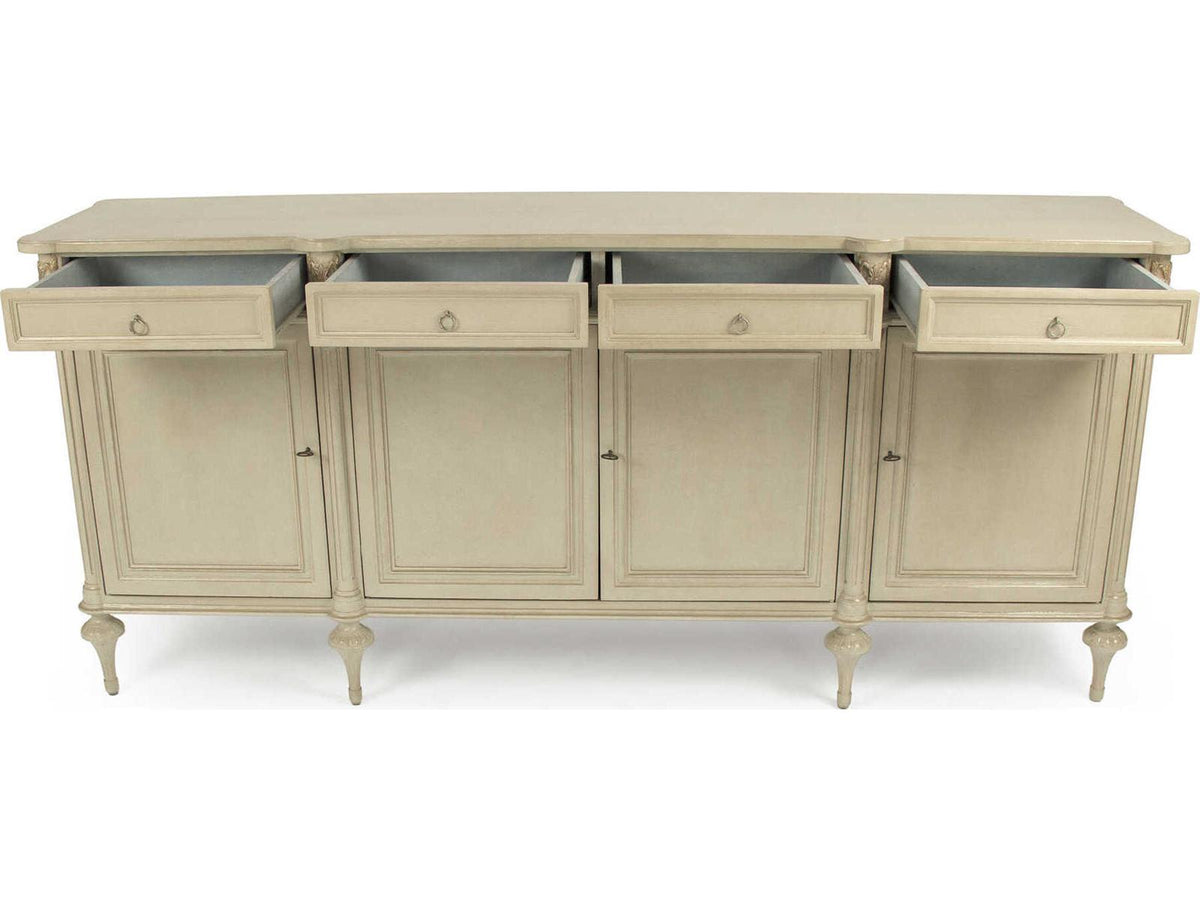 Astor 87 Inch Birch Wood Sideboard with Distressed Cream and Gold Leaf Finish