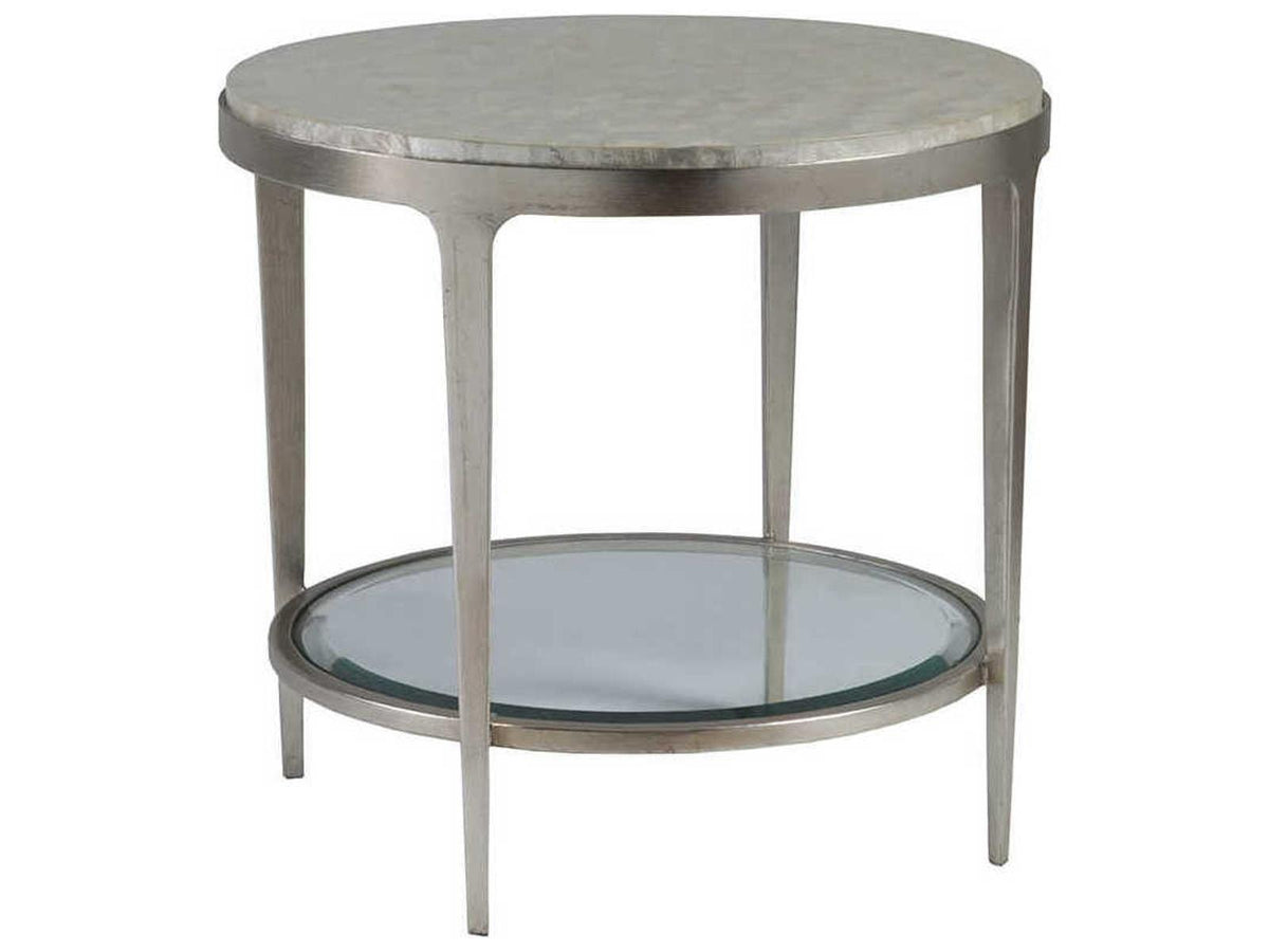 Home Gravitas Round End Table with Capiz Shell Top and Champagne Base