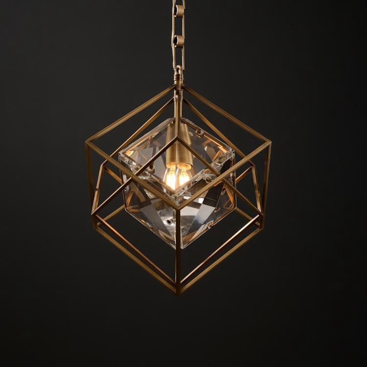 Vintage Brass Tesseract Crystal Pendant Light