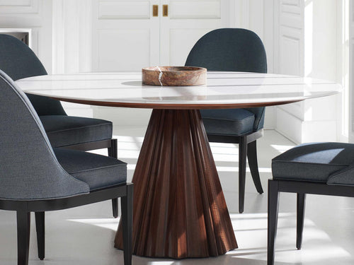 All Natural 60-Inch Round Dining Table with White Marble Top and Rich Walnut Base