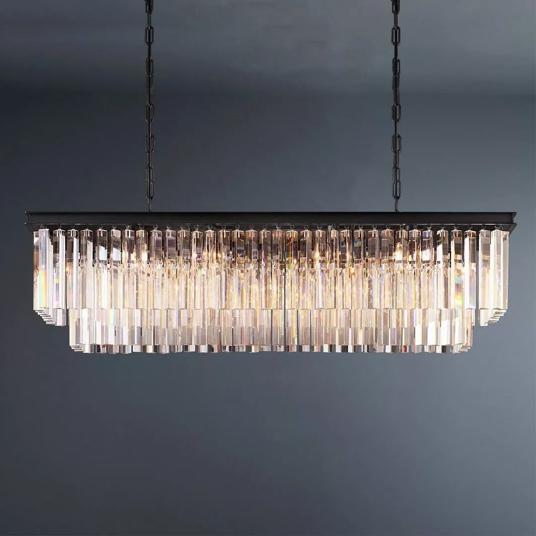 2-Tier Crystal 1920s Odeon Rectangular Chandelier L49"