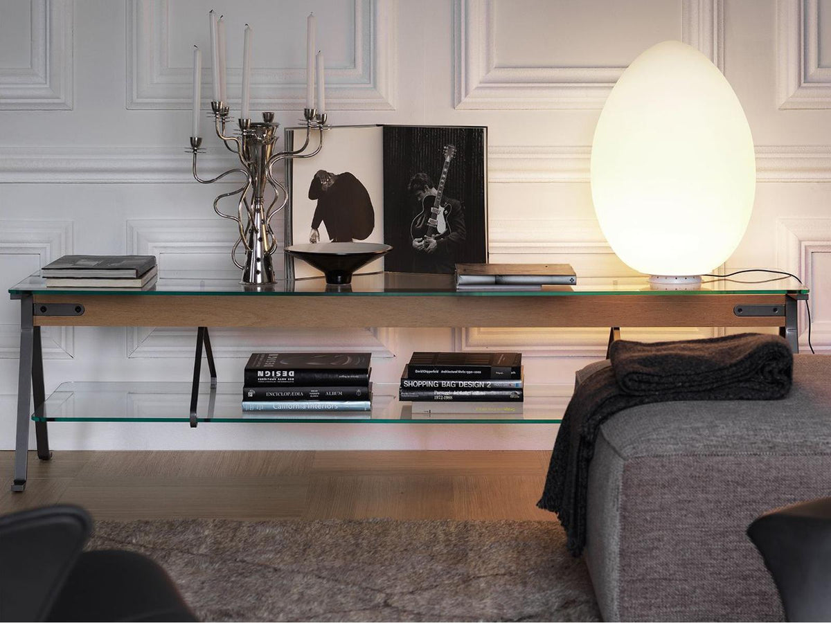 Fratello Rectangular Glass Console Table with Steel and Beech Base