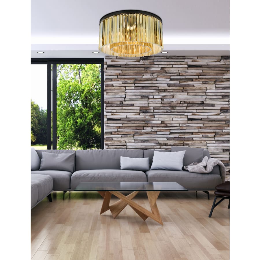 Elegant Lighting Sydney 8 Light 32" Wide Flush Mount Drum Ceiling Fixture with Golden Teak Royal Cut Crystals