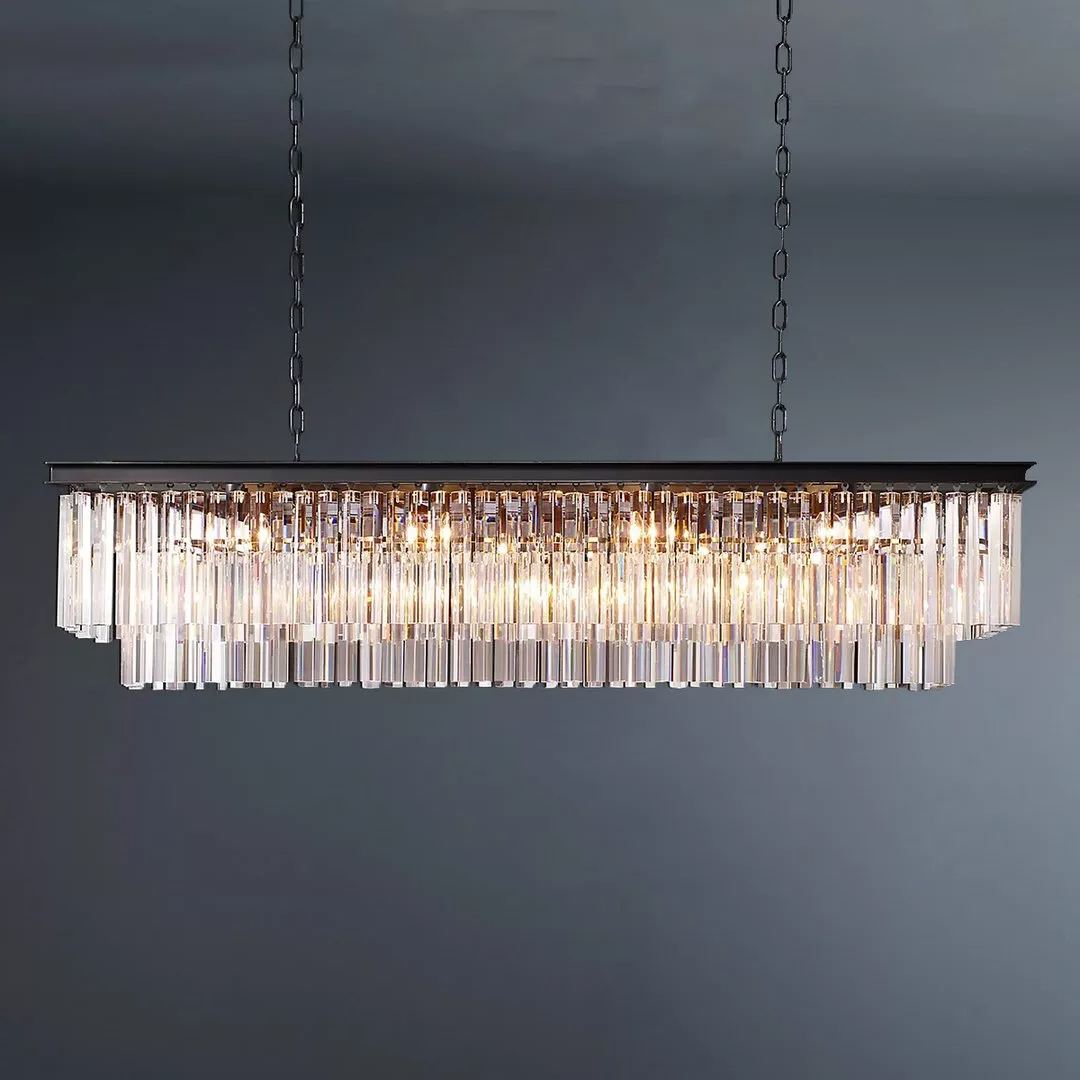 2-Tier Crystal 1920s Odeon Rectangular Chandelier L59"
