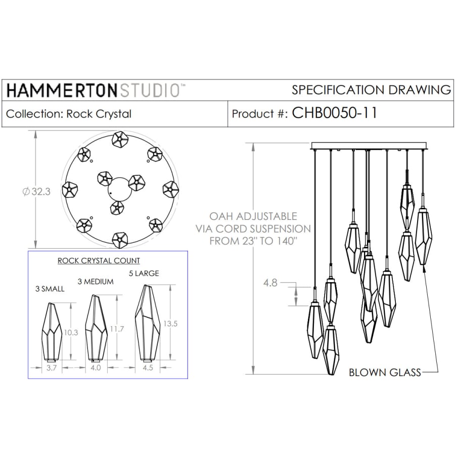 Hammerton Studio Rock Crystal 32" Wide 11 Light Hand Blown Glass Linear LED Pendant