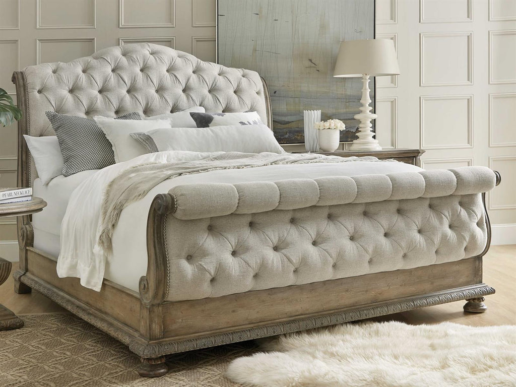 Castella King Tufted Bed in Natural Tan Performance Fabric