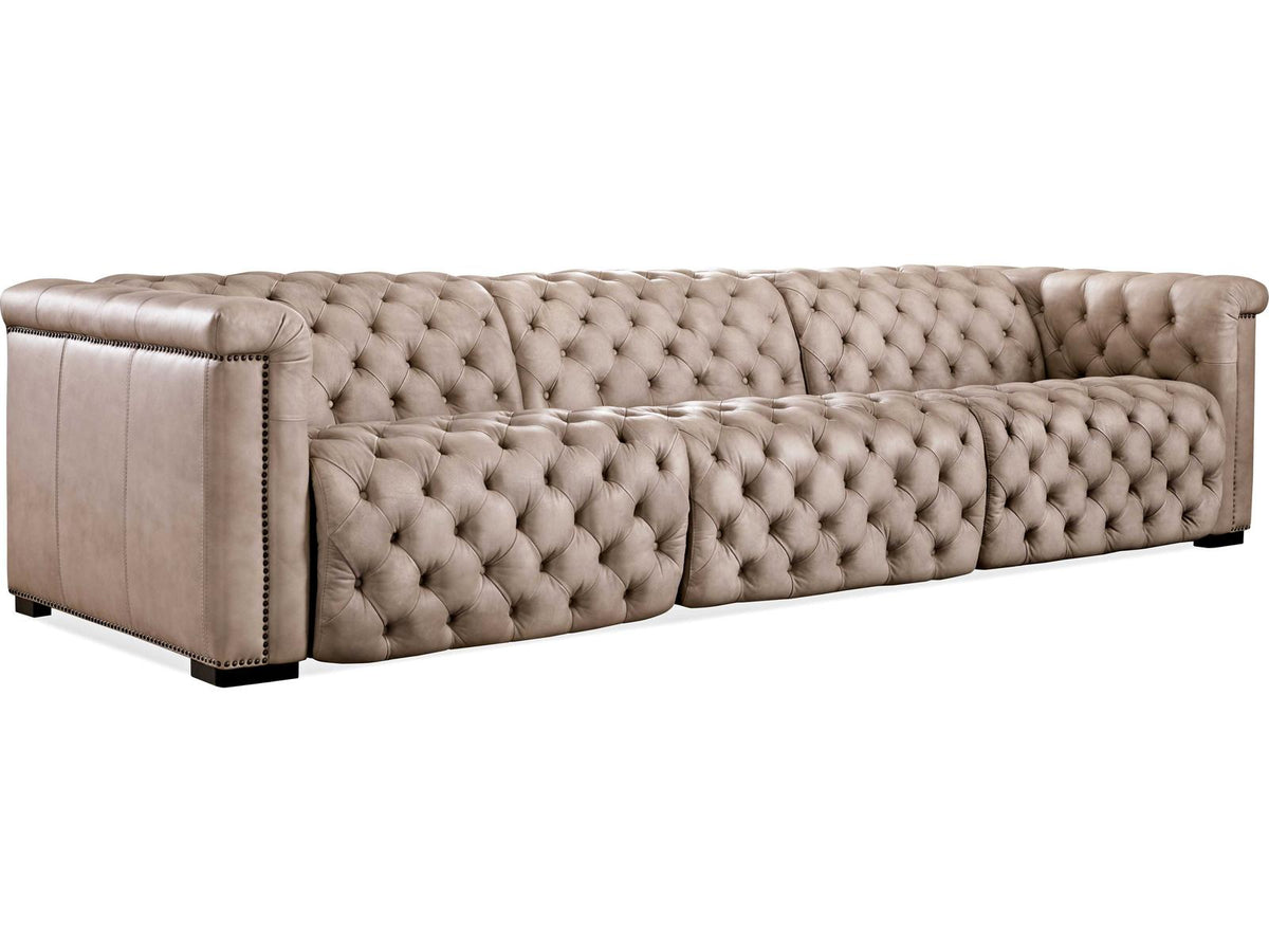 Heritage Grandier Power Recliner Tufted Giovanni Taupe Dark Wood Beige Leather Sofa with Headrest