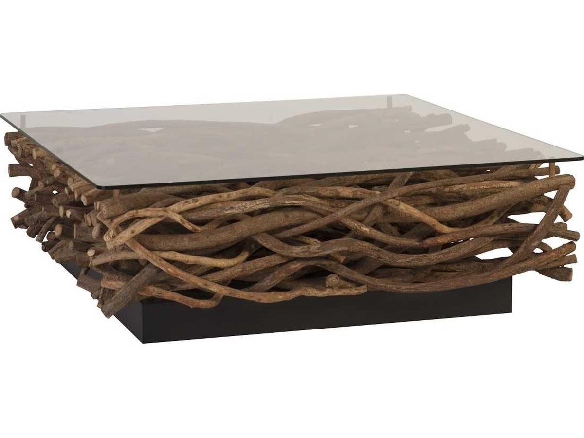 Vine Square Coffee Table with Glass Top and Natural Wood Base
