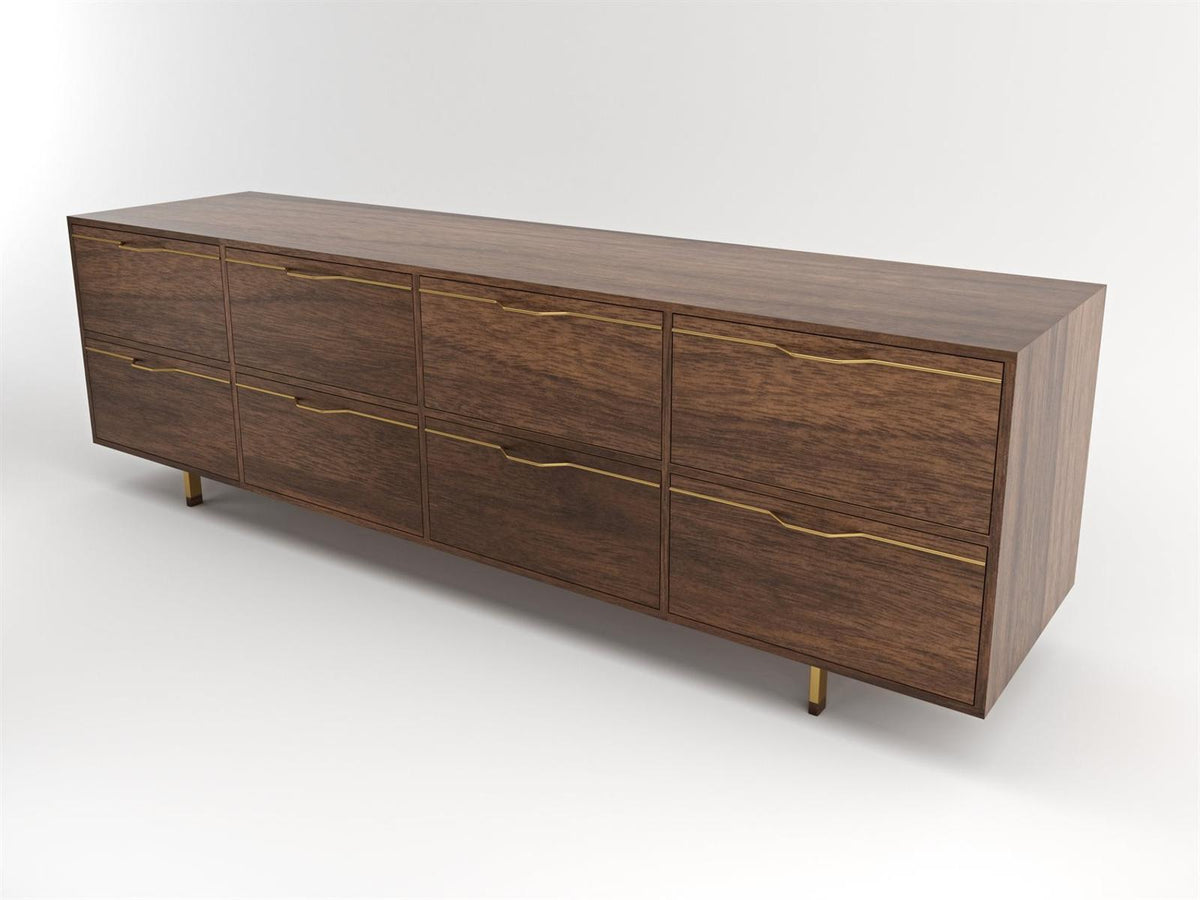 Chapman Storage Long 8-Drawer Double Dresser Walnut Wood with Brassy Gold Finish